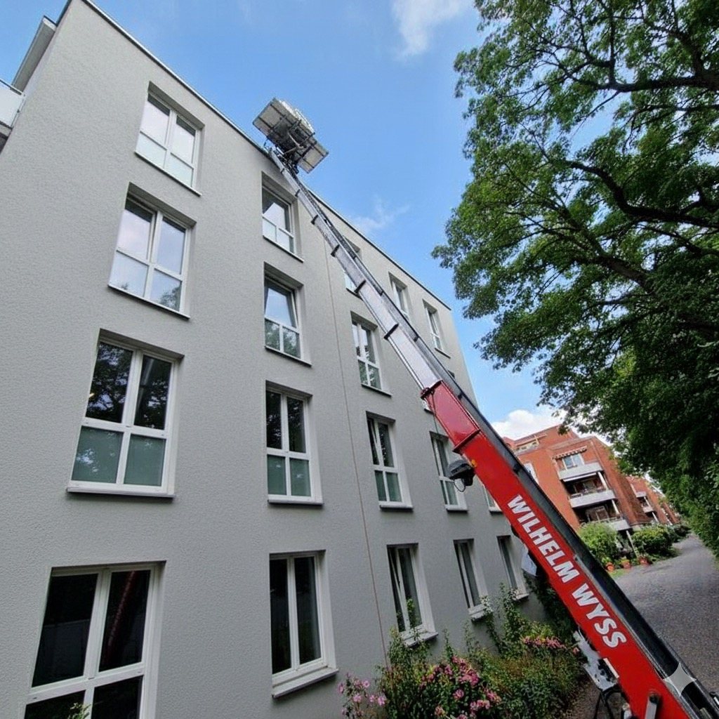 Roter Möbellift von Wilhelm Wyss an einem Mehrfamilienhaus